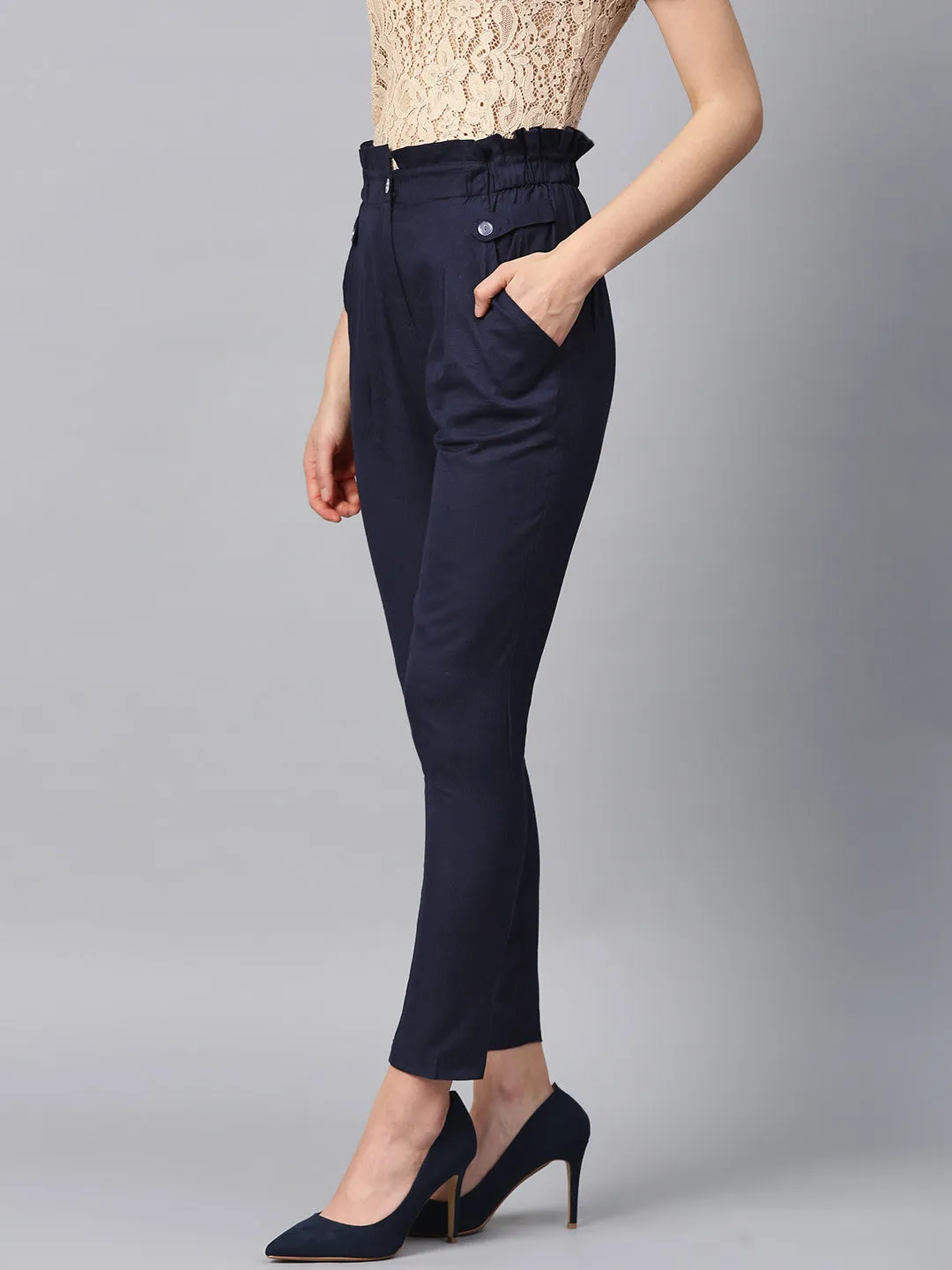 Women Navy Blue Solid High-Rise Regular Cropped Trousers