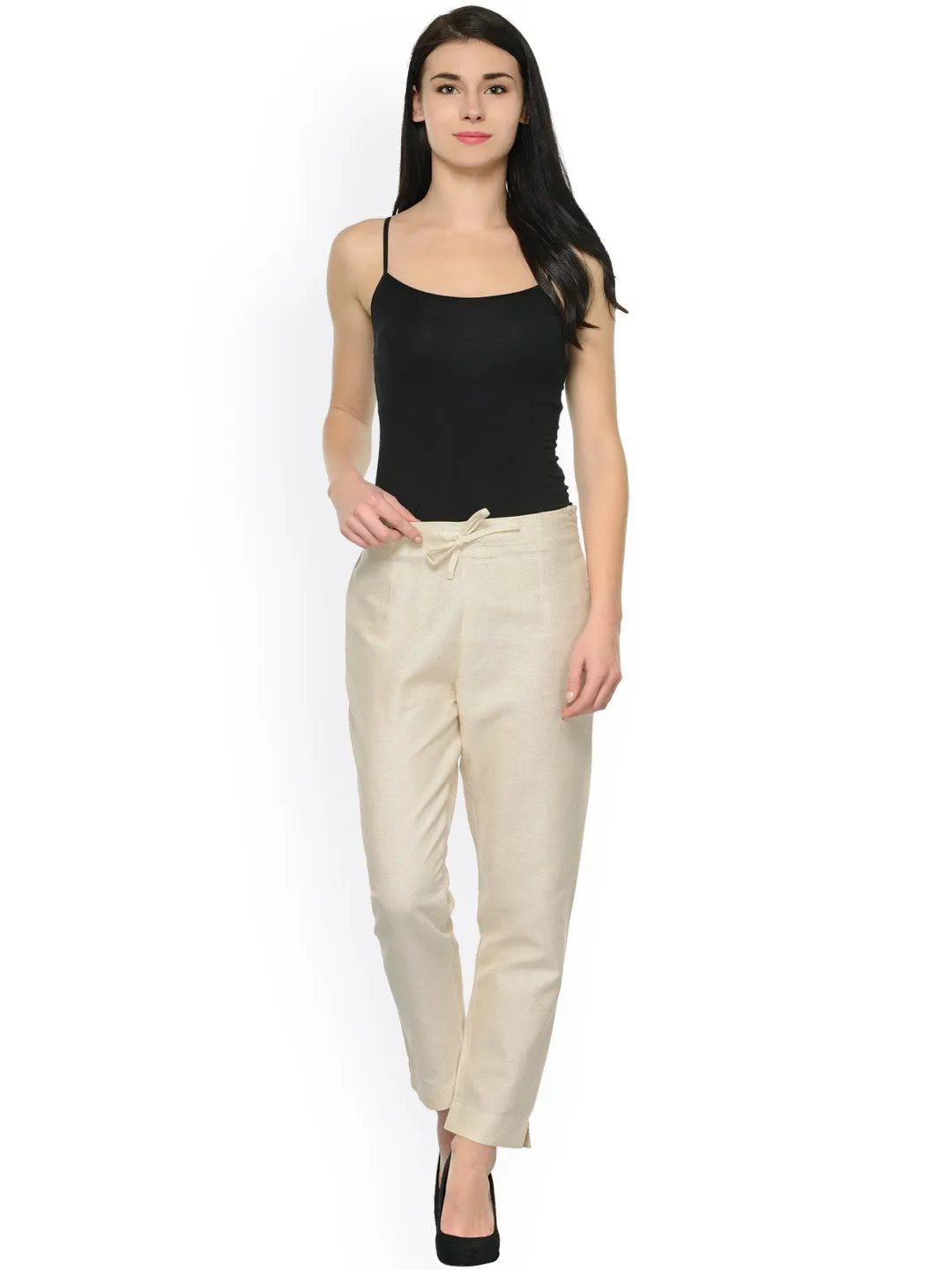 Women Pack Of Two Mid-Rise Trousers In Off-White And Beige