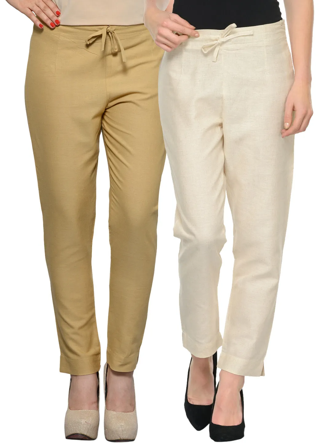 Women Pack Of Two Mid-Rise Trousers In Off-White And Beige