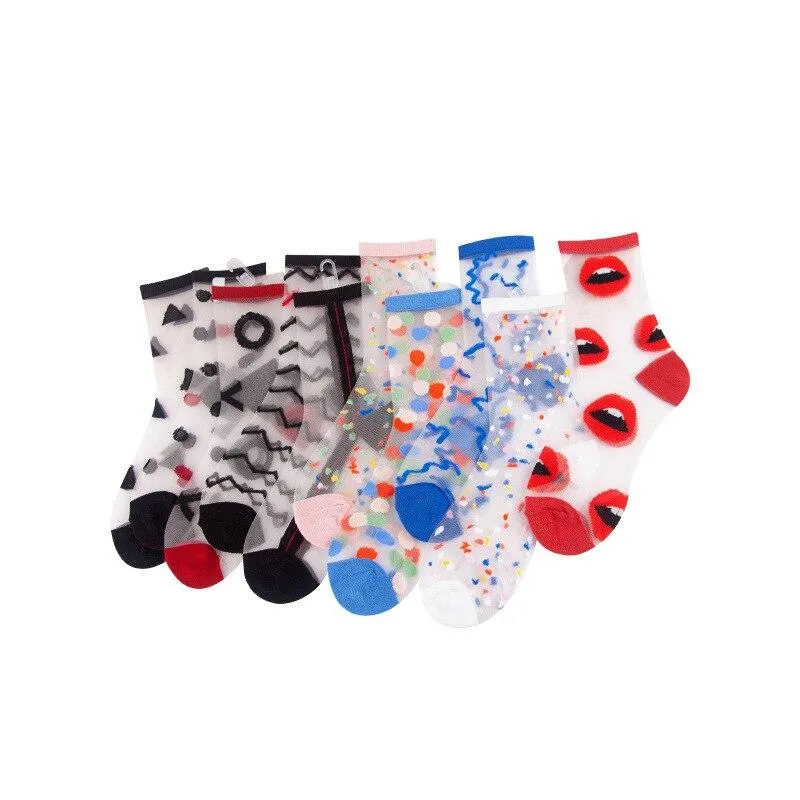 Women Ultra-thin Glass filament Printing Dots  Stripe Transparent Socks