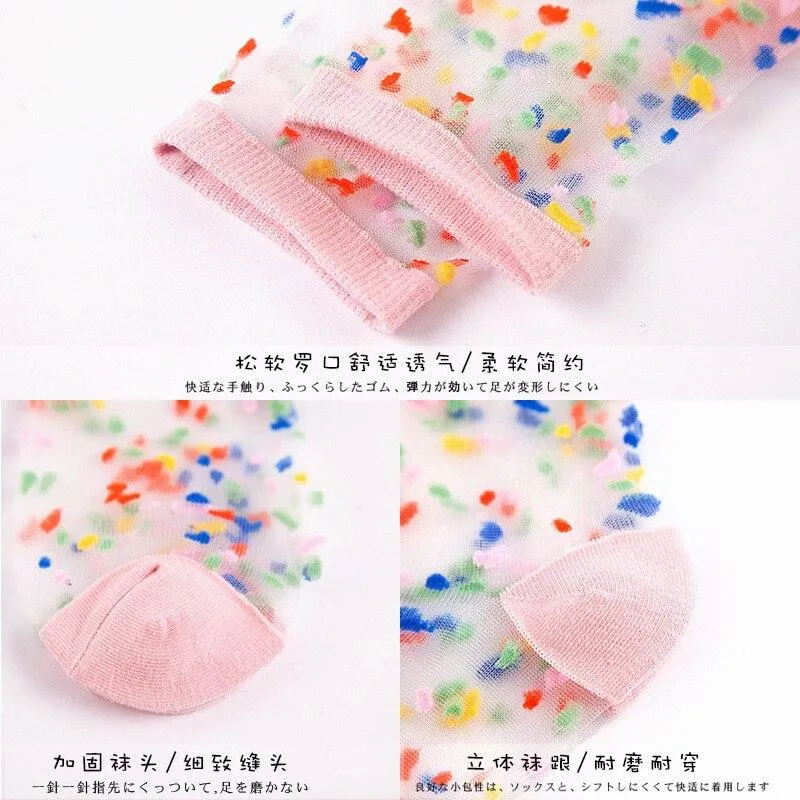 Women Ultra-thin Glass filament Printing Dots  Stripe Transparent Socks