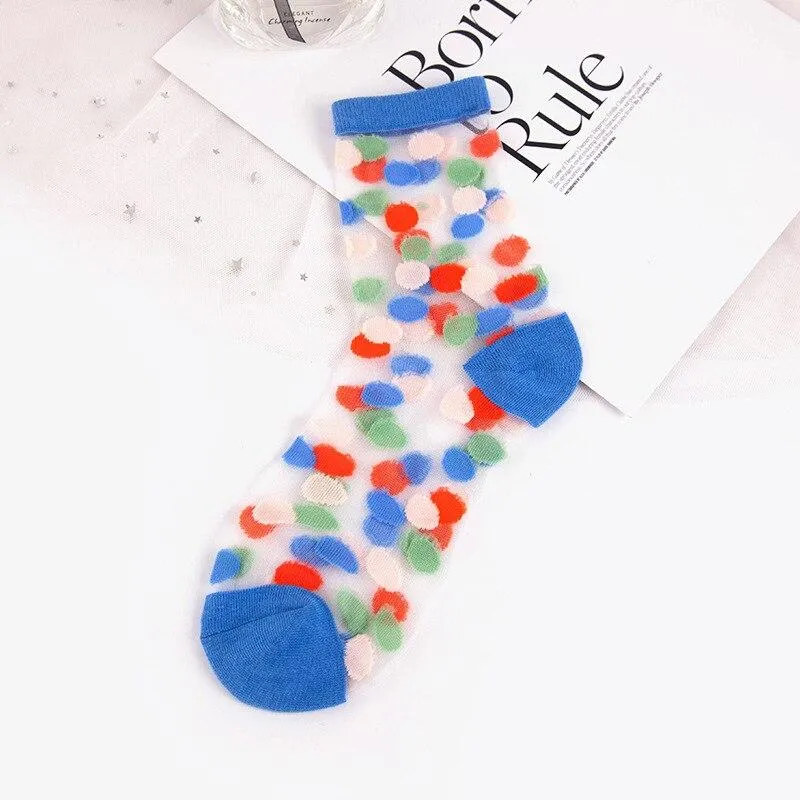 Women Ultra-thin Glass filament Printing Dots  Stripe Transparent Socks