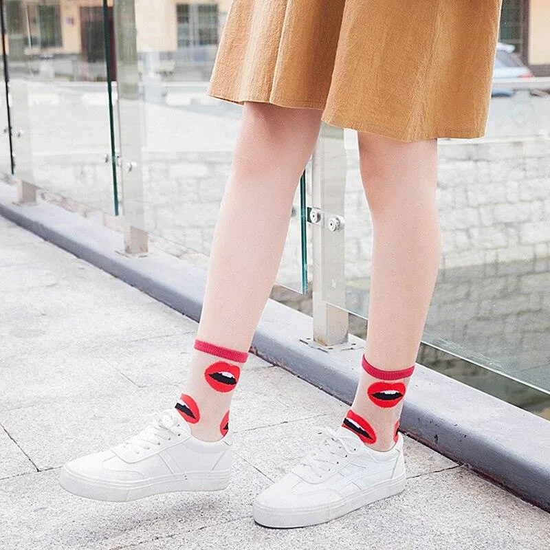 Women Ultra-thin Glass filament Printing Dots  Stripe Transparent Socks