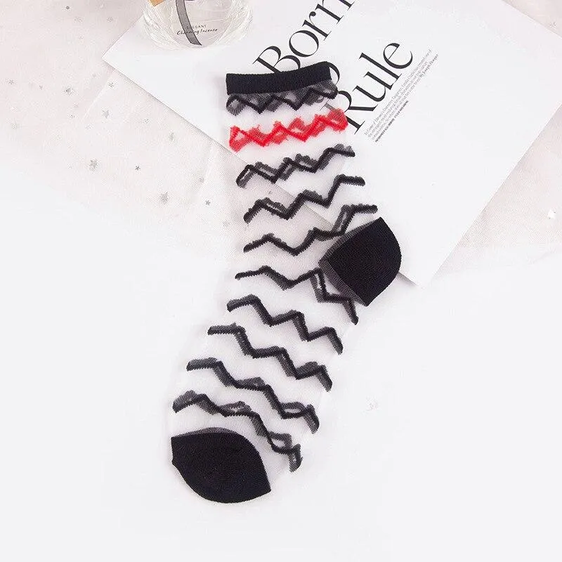 Women Ultra-thin Glass filament Printing Dots  Stripe Transparent Socks