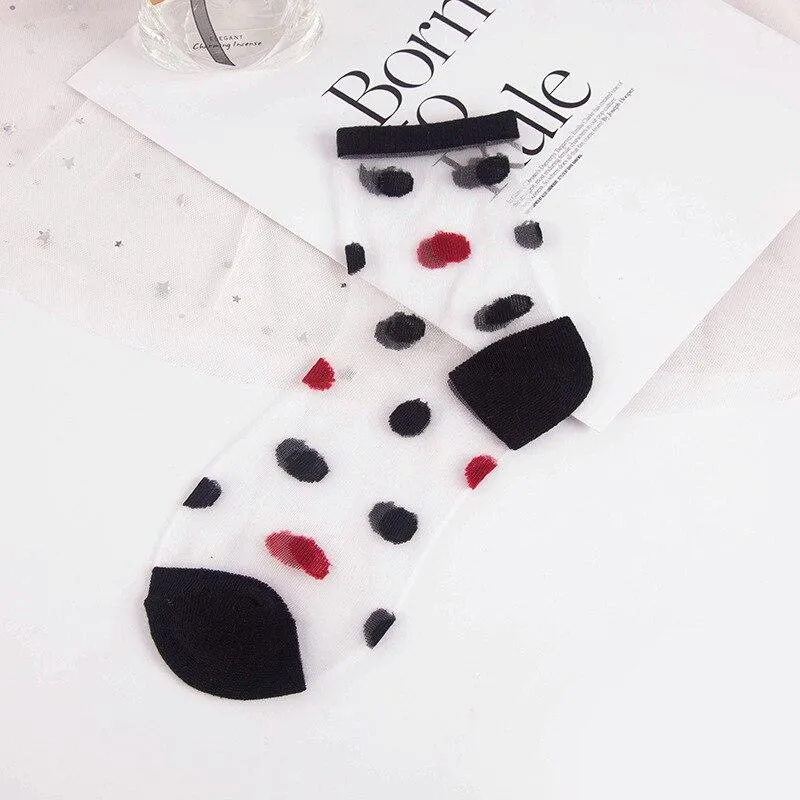 Women Ultra-thin Glass filament Printing Dots  Stripe Transparent Socks