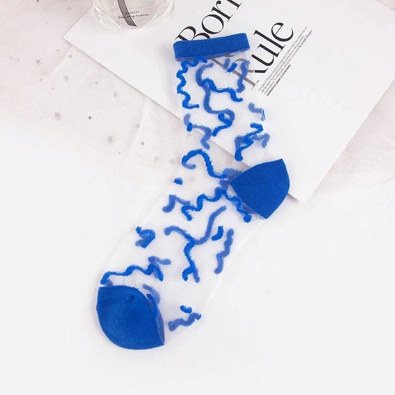 Women Ultra-thin Glass filament Printing Dots  Stripe Transparent Socks