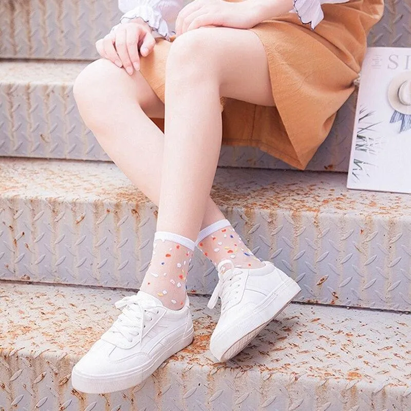 Women Ultra-thin Glass filament Printing Dots  Stripe Transparent Socks