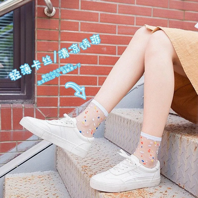 Women Ultra-thin Glass filament Printing Dots  Stripe Transparent Socks