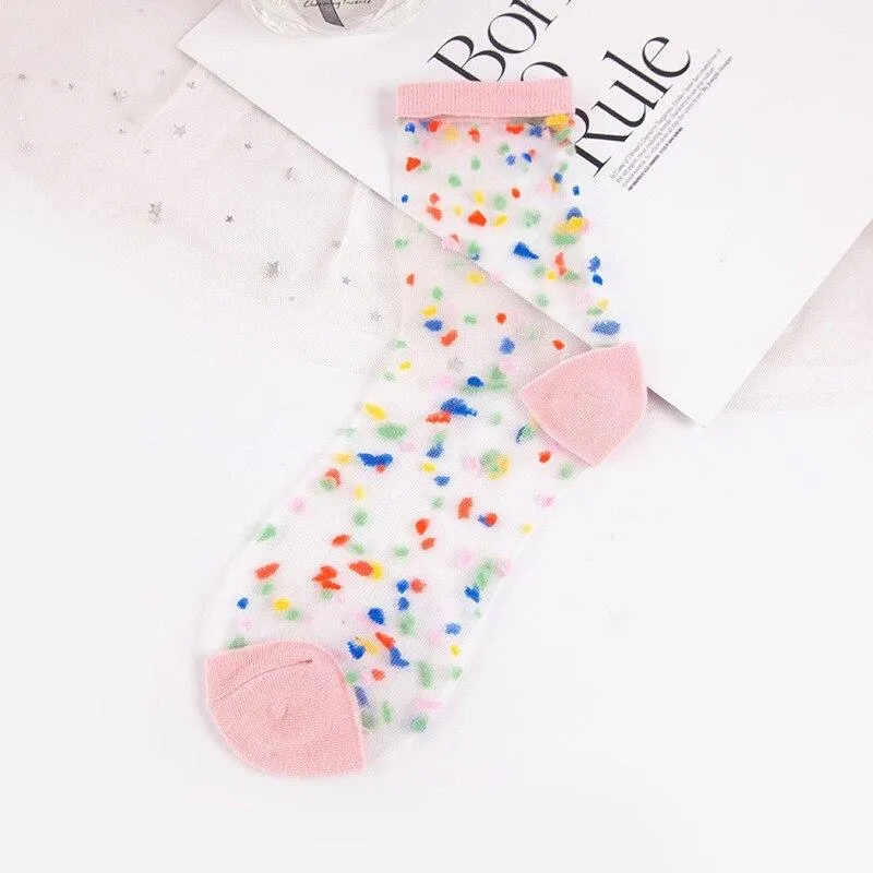 Women Ultra-thin Glass filament Printing Dots  Stripe Transparent Socks