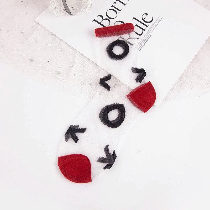 Women Ultra-thin Glass filament Printing Dots  Stripe Transparent Socks