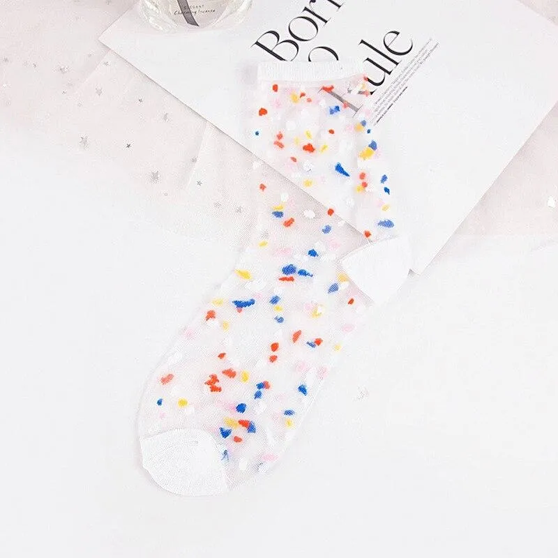 Women Ultra-thin Glass filament Printing Dots  Stripe Transparent Socks