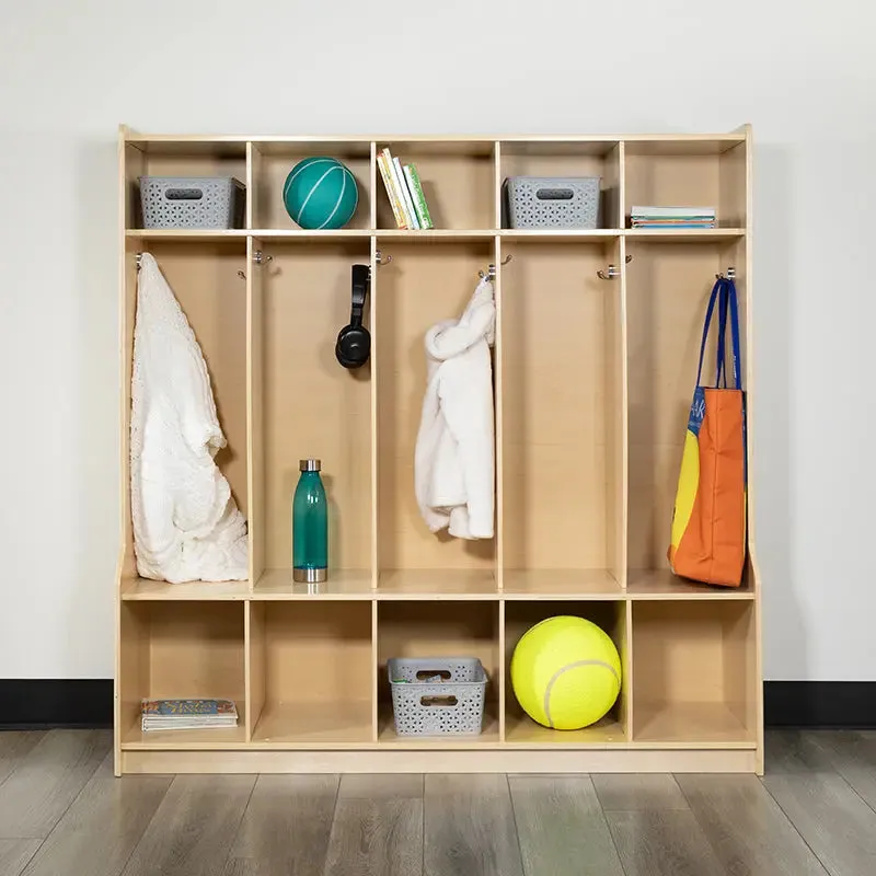 Wooden 5 Section School Coat Locker with Bench, 48"H x 48"L (Natural)