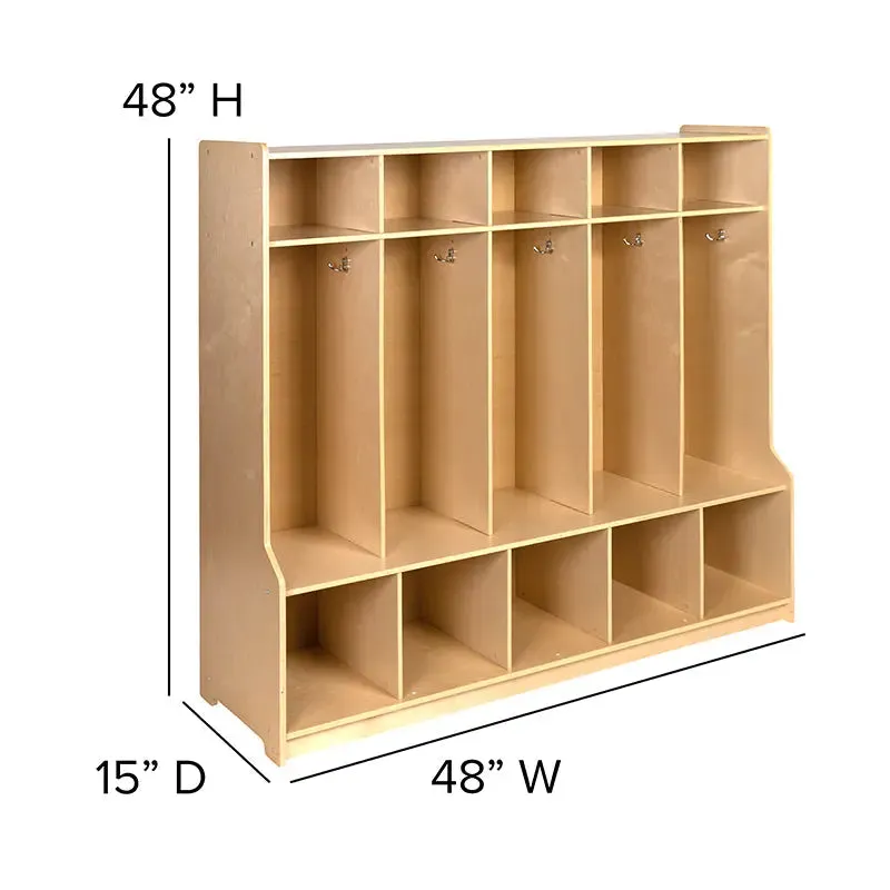 Wooden 5 Section School Coat Locker with Bench, 48"H x 48"L (Natural)