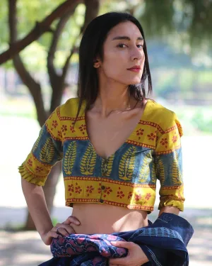 Yellow Blockprinted Crop Top Blouse