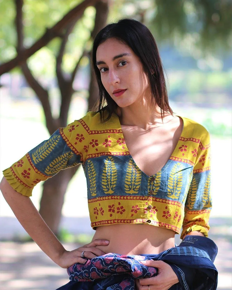 Yellow Blockprinted Crop Top Blouse