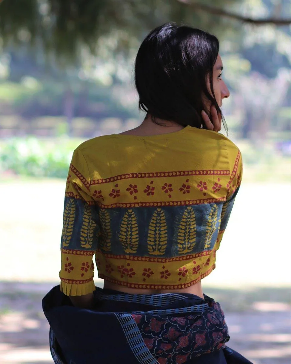 Yellow Blockprinted Crop Top Blouse